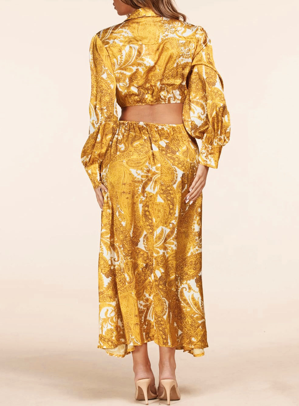gold printed dress Araminta Sequined Gown with Floral Details - Gold 10