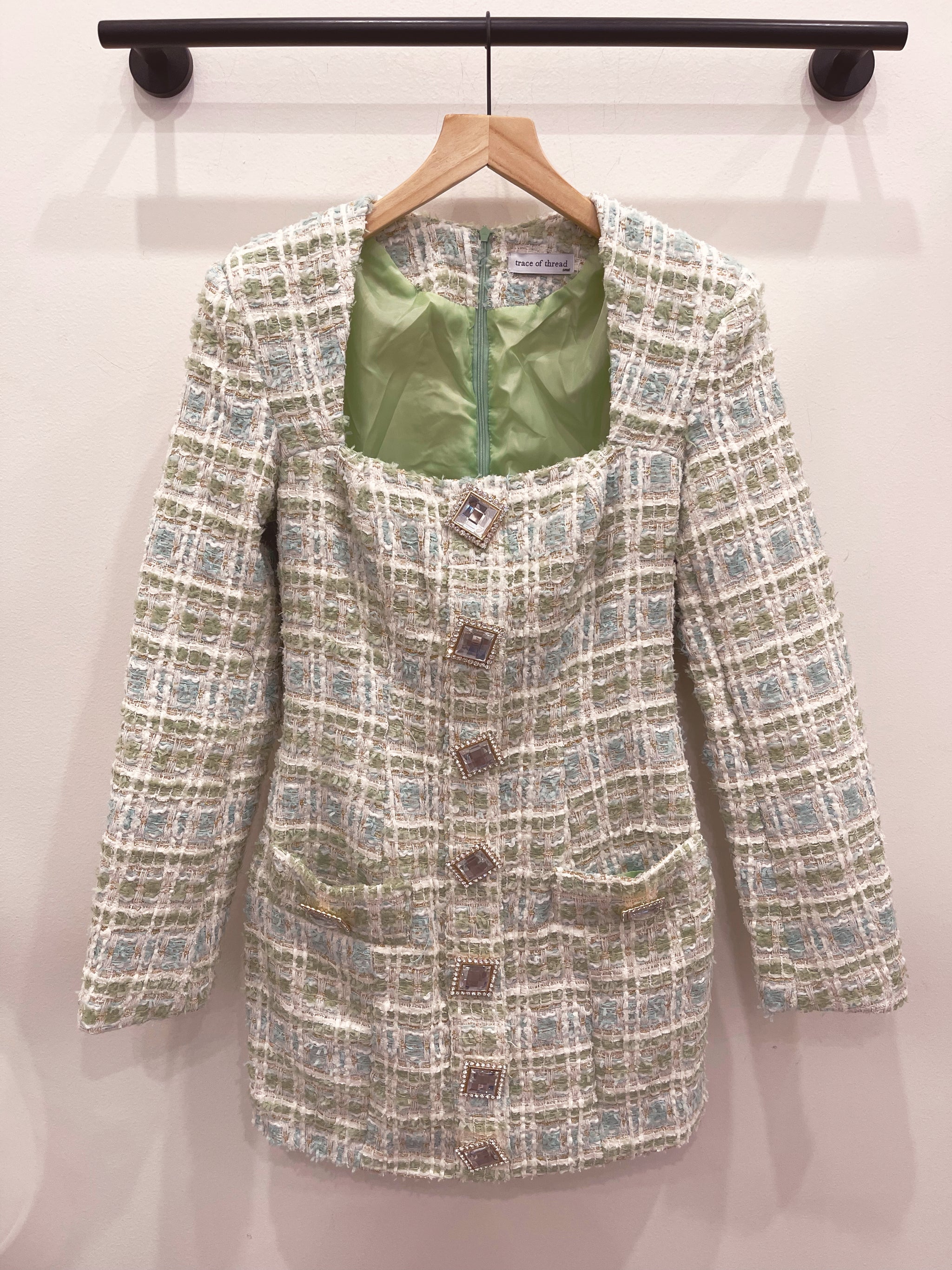 Green Jeweled Tweed Dress trace of thread Green Jeweled Tweed Dress trace of thread