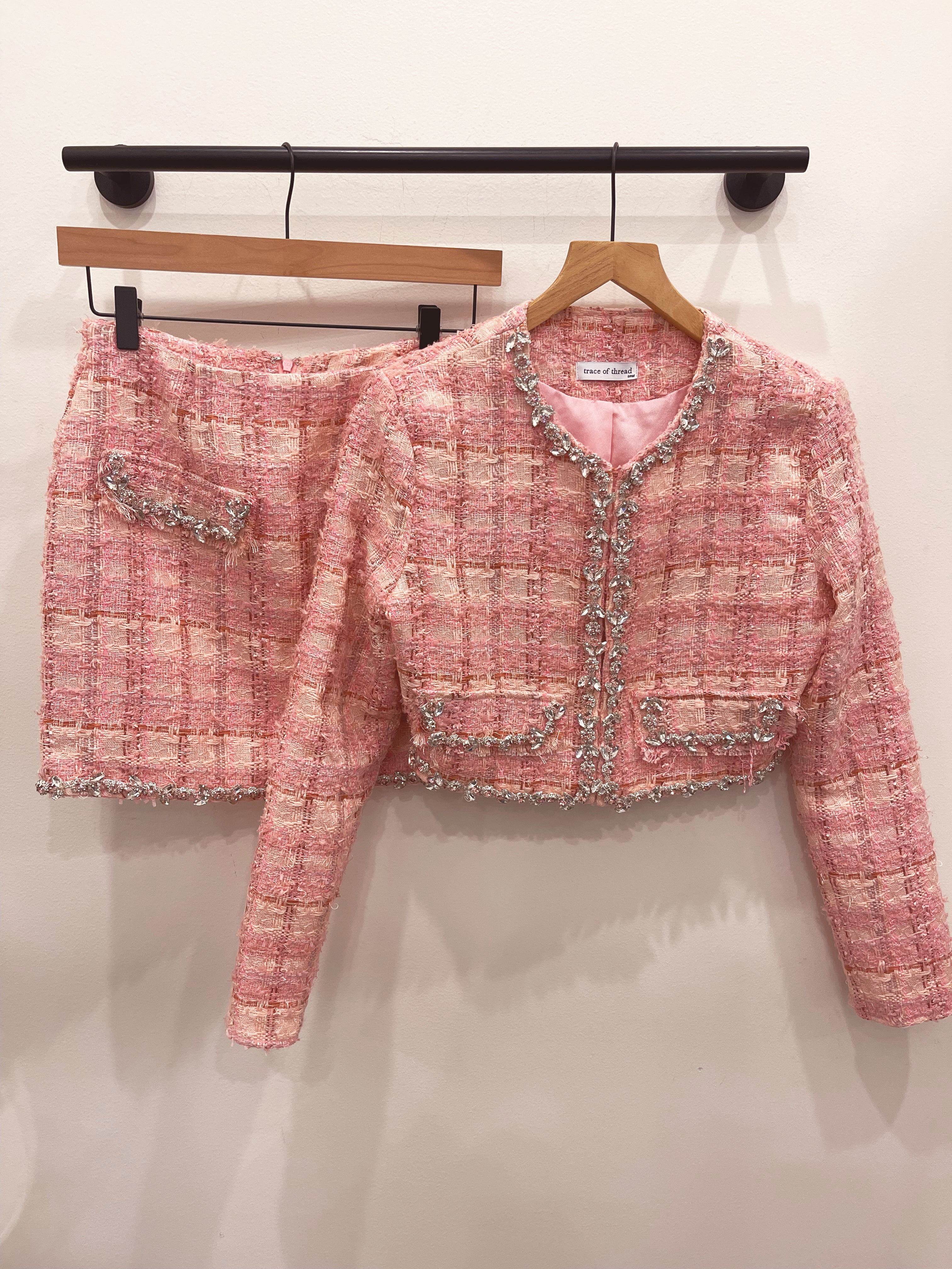 Mademoiselle Pink Tweed Two Piece Set Mini Skirt & Cropped Jacket L