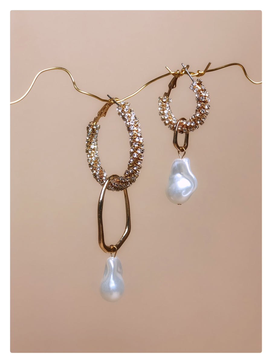 |Asymmetrical Rhinestone/Pearl Hoop Drop Earrings|