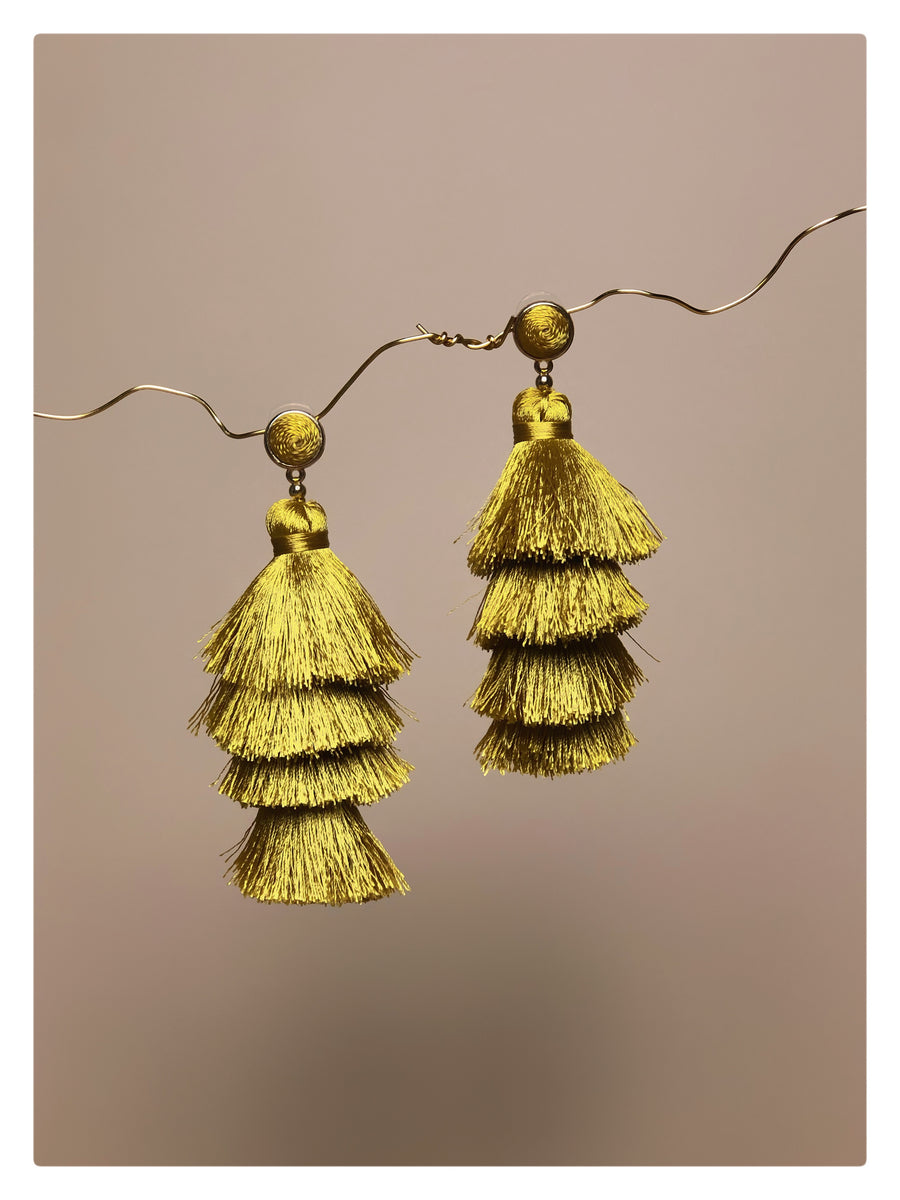 |Gold Tiered Thread Tassel Earrings|